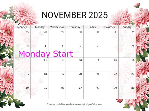 Free Printable Chrysanthemum November Calendar Monday Start Inkpx