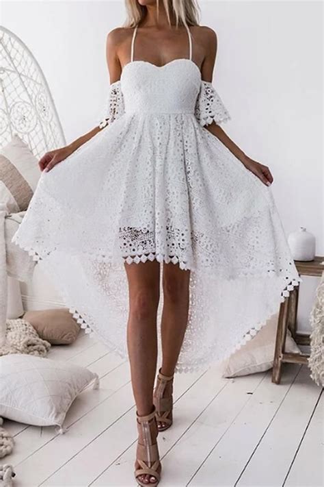 Front Short Long Back Straps High Low Lace White Homecoming Dresses