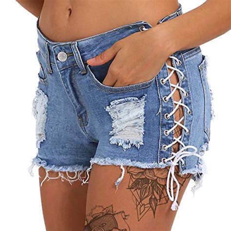 Women S Destroyed Ripped Hole Denim Shorts Sexy Short Jeans Side Straps Mini Hot Pants Clubwear