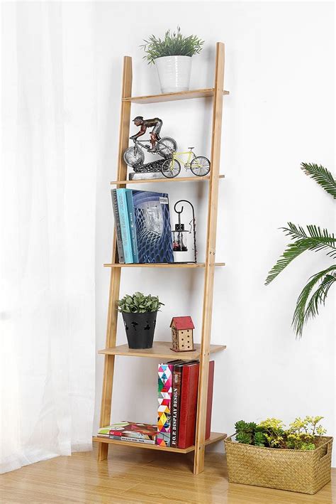 Hynawin Ladder Shelf 5 Tier Bookshelf Bamboo Storage Rack Shelves Wall Leaning Shelf Unit