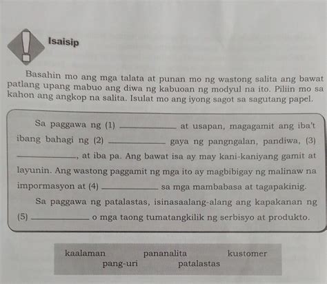 Isaisip Basahin Mo Ang Mga Talata At Punan Mo Ng Wastong Salita Ang