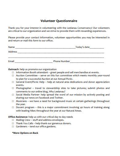 Free 33 Volunteer Questionnaire Samples In Pdf Ms Word