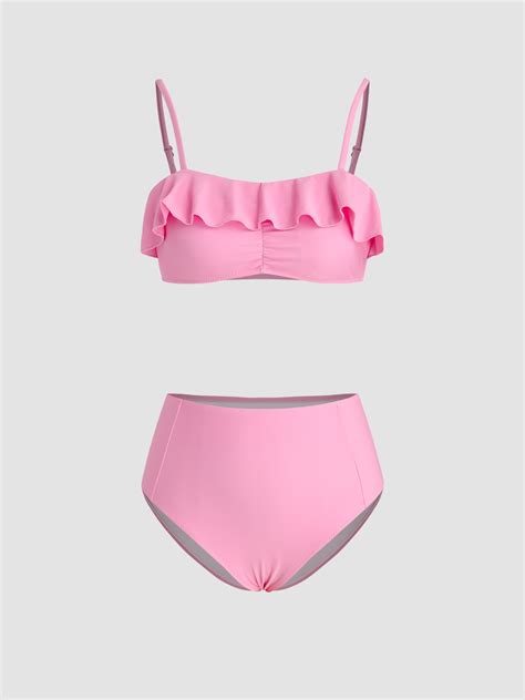 Knit Fabric Solid Ruffle Hem Bikini Swimsuit For Vacation Swimming Pool Beach