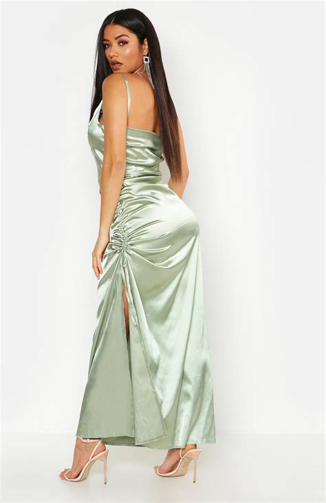 Satin Cowl Neck Ruched Maxi Dress Boohoo Ruched Maxi Dress Maxi