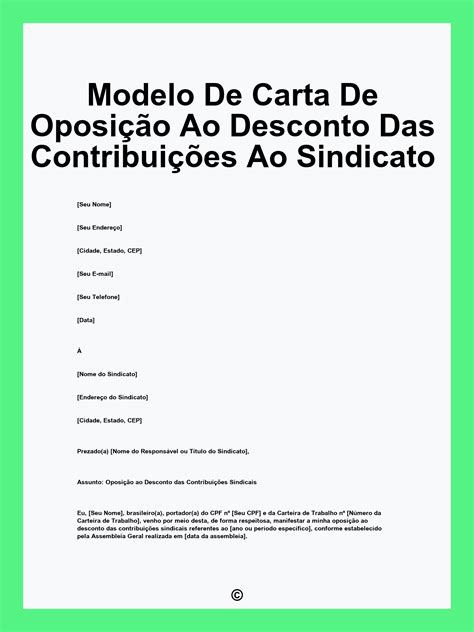 Modelo De Carta De Oposição Ao Desconto Das Contribuições Ao Sindicato