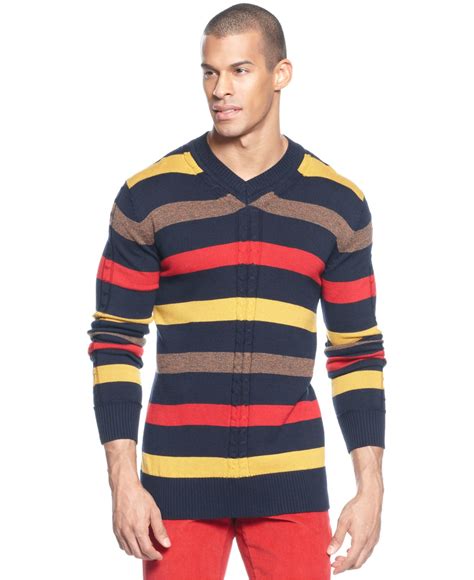 Sean John Striped V Neck Sweater In Blue For Men Lyst