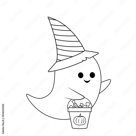 Ghost In Hat With Candy Bag Coloring Page Black And White Ghost