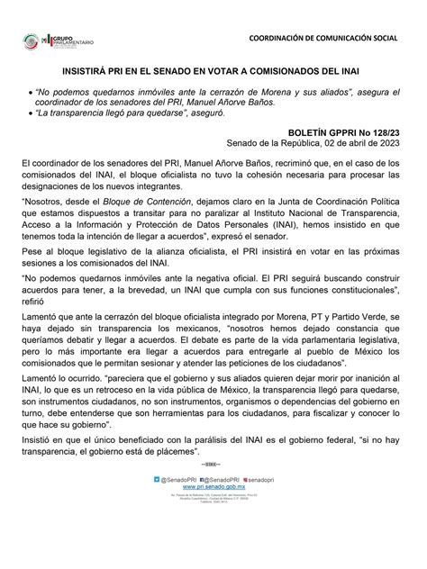 Pri Buscará Que Votación Del Inai Sea Prioridad En El Senado Para