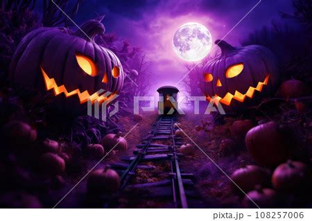 Festive Halloween train ride through a field of のイラスト素材 108257006