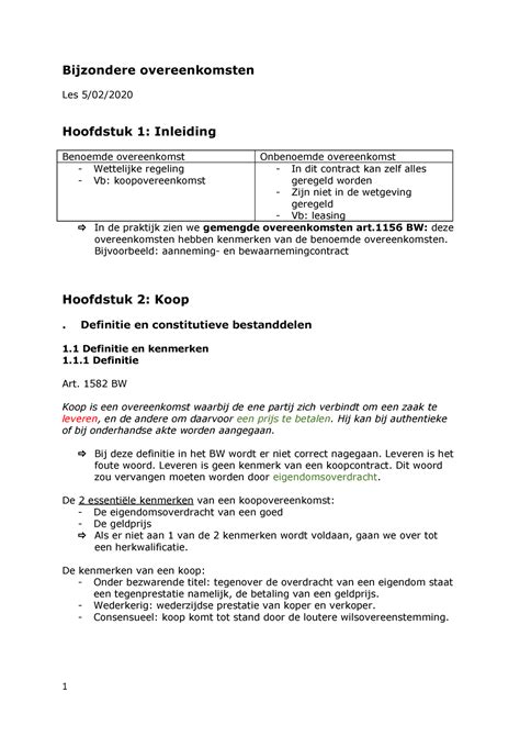 Bijzondere Overeenkomsten Samenvatting Bijzondere Overeenkomsten Les