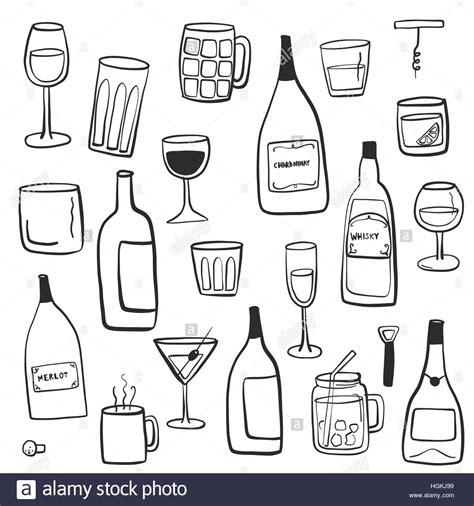 Alcoholic Beverages Wine Glasses Bottles Drawing Doodle Stock Vector Art And Illustration Vector