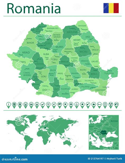 罗马尼亚详细介绍了地图和国旗 世界地图的罗马尼亚 向量例证 插画 包括有 映射 部门 标记 地球 213764197