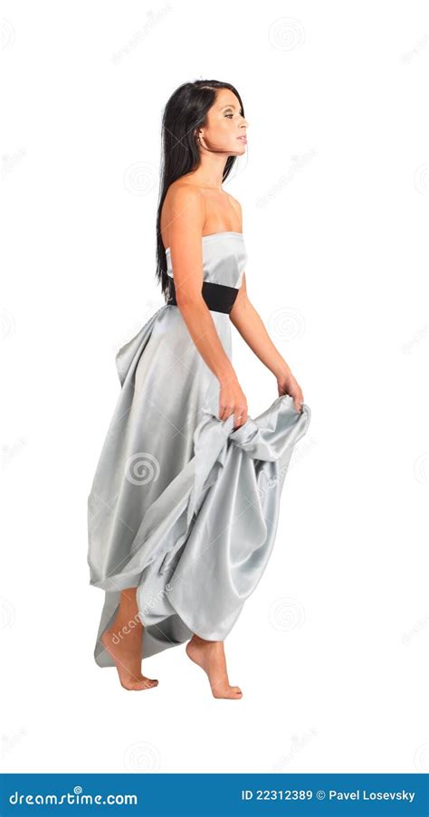 Woman Wearing Long Silver Dress Goes On Tiptoe Stock Image Image Of