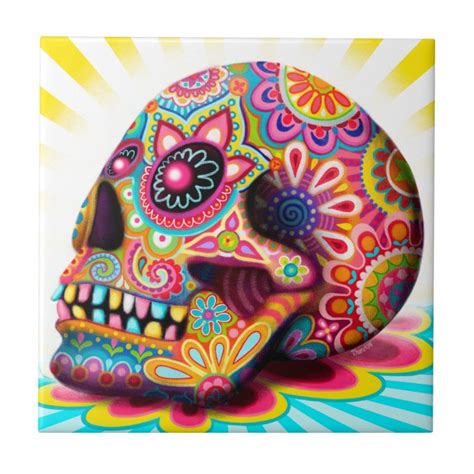 Colourful Sugar Skull Art Ceramic Tile | Zazzle.co.uk