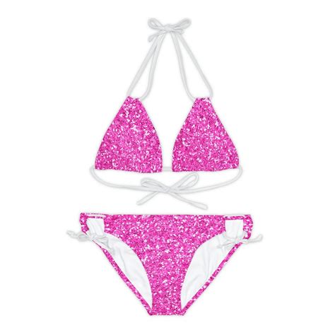 Hot Pink Glitter Print String Bikini Eye Catching Strappy Swimsuit For Pretty Fit Girl Cute And