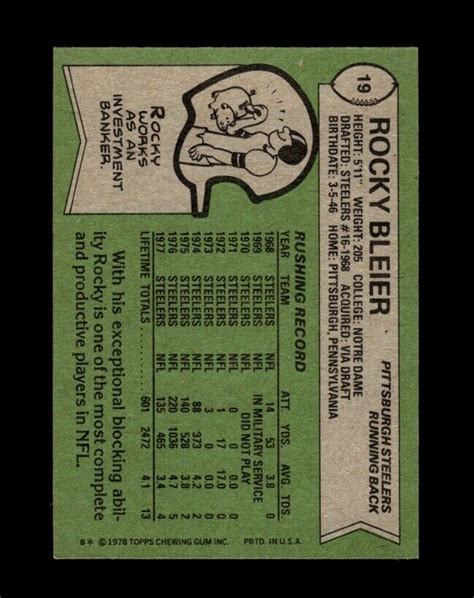 1978 Topps Set Break 19 Rocky Bleier Nm Mt Or Better Gmcards Ebay