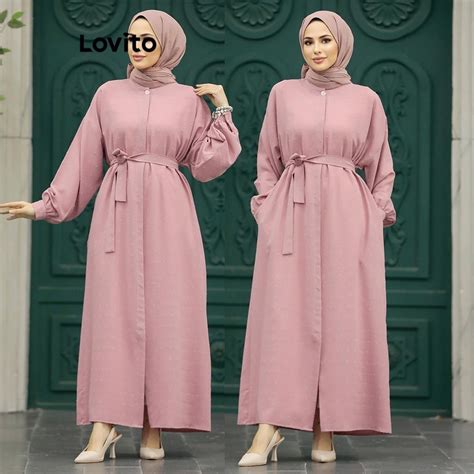 Lovito Modest Plain Button Women Muslim Dresses For Women Lne