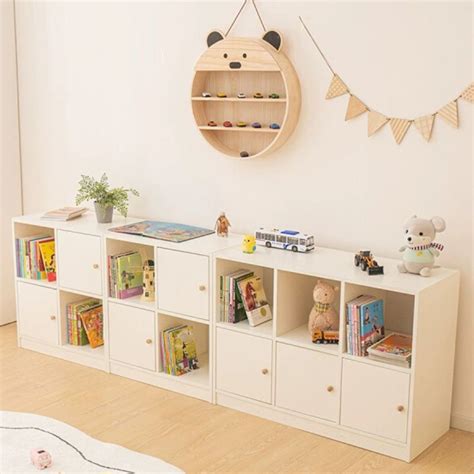 White Wood Baby And Kids Bookcase With Hinged Doors And Horizontal