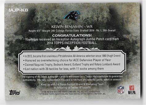 Kelvin Benjamin Topps Inception Jumbo Patch Autograph Purple Rc