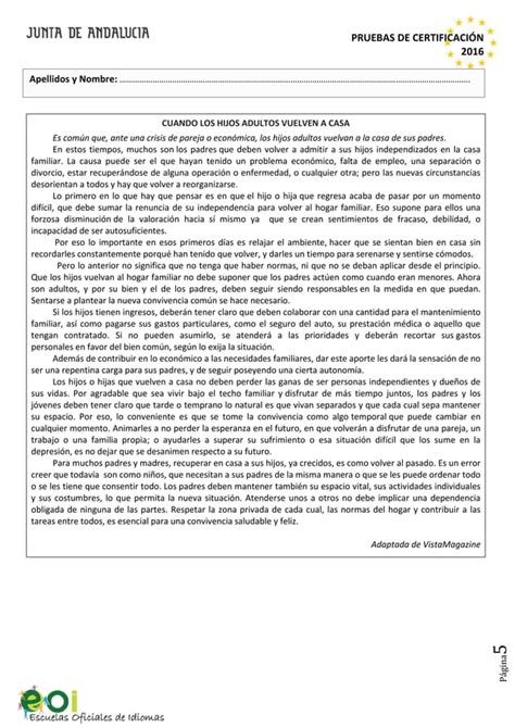 Comprensi N De Lectura Certificaci N Nivel Intermedio B Espa Ol Eoi