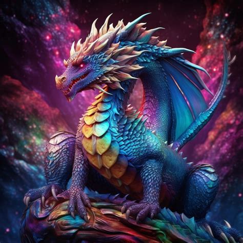 Premium Ai Image Brightly Colored Dragon Sitting On A Rock In A