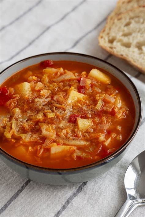 Homemade Shredded Cabbage And Potato Soup In A Bowl Side View Stock