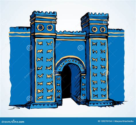 Babylonian Gate Vector Drawing Scene Stock Vector Illustration Of