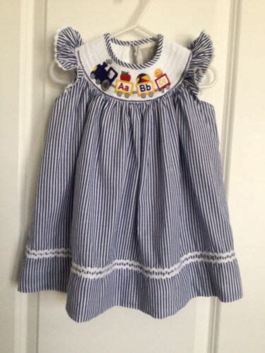 Lil Cactus Baby Girl Dress M Smock Embroider Abc Train Blue