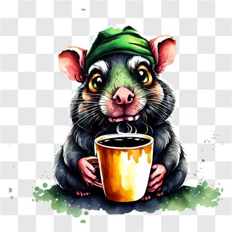 Download Adorable Rat Drinking Coffee In Black And White Drawing Pngs