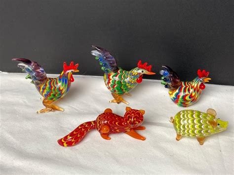 Lot 308 Fitz And Floyd Glass Menagerie Figurines Fox Pig Rooster Hen