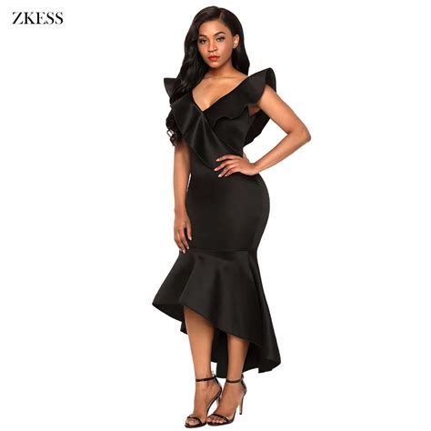 Zkess Women Sexy V Neck Ruffled Mermaid Dress With High Low Hemline