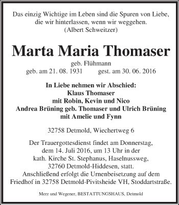 Traueranzeigen Von Marta Maria Thomaser Wirtrauern