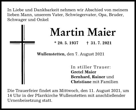 Traueranzeigen Von Martin Maier Augsburger Allgemeine Zeitung