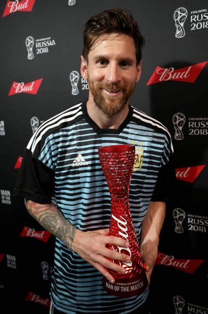 Lionel Messi Of Argentina Poses With His Man Of The Match Trophy