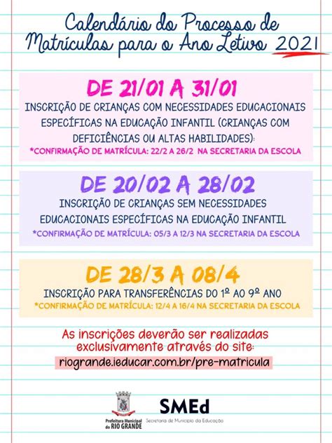 Smed Divulga Calendário Do Processo De Matrículas 2021 Smed