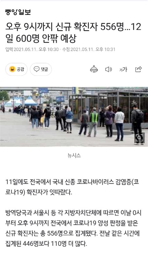 오후 9시까지 신규 확진자 556명 어제보다 110명많아 12일 나흘만에 600명 안팎 예상 국내축구 에펨코리아