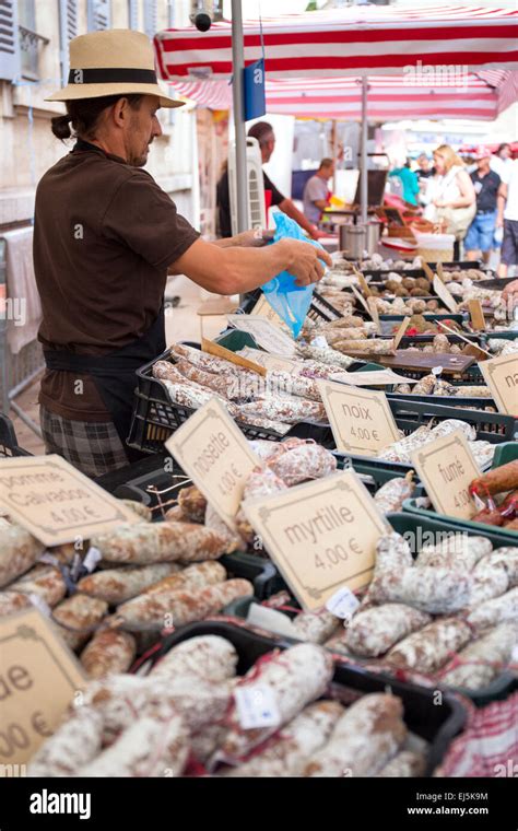 French Sausage Stall On Saturday Market Beaune France Europe Stock