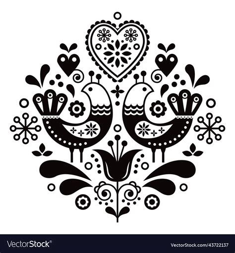 Scandinavian Folk Art Pattern With Birds And Flowe