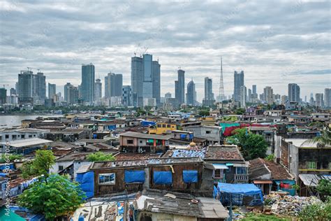 View of Mumbai skyline with skyscrapers over slums in Bandra suburb ...