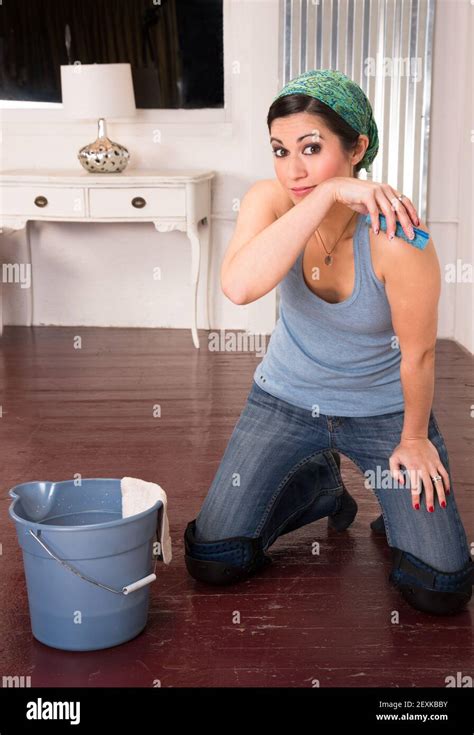 Adorable Housewife Maid Doing Cleaning Chores Scrubbing Floor Hands