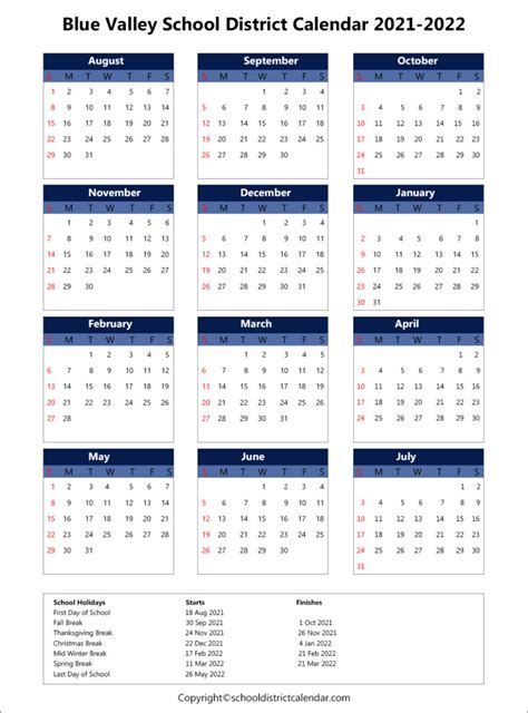 Blue Valley School District Calendar Holidays 2021-2022