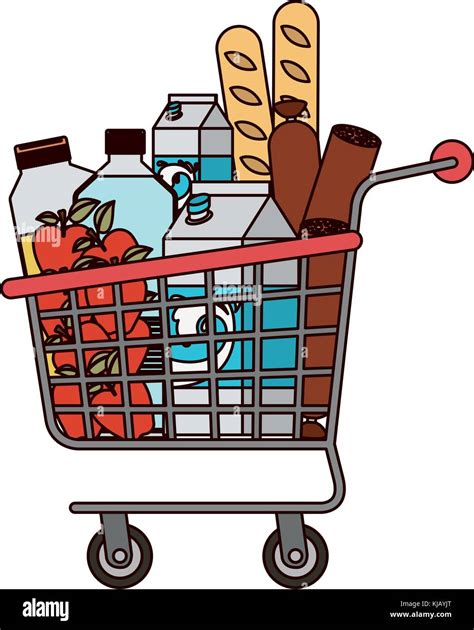 Supermarket Shopping Cart With Foods Sausage And Bread Apples And