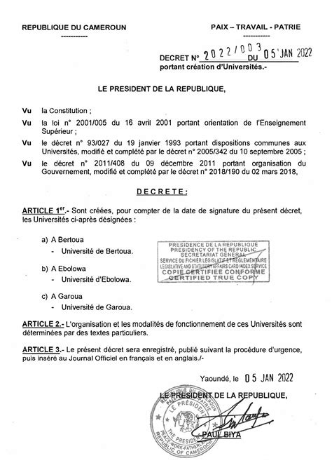 Décret N°2022003 Du 05 Janvier 2022 Portant Création Duniversités