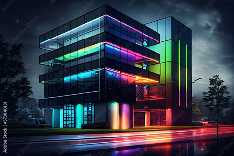 modern office building at night, with the exterior illuminated by ...