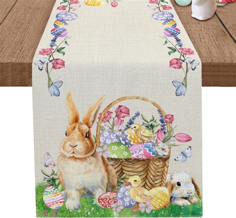 Easter Table Runner Watercolor Rabbit Eggs Floral Easter Table Runner