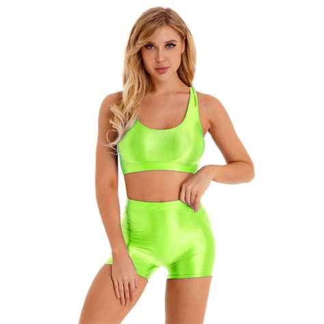 Womens Bikini Swimsuit Sleeveless Glossy Crop Tank Tops Shorts Set Swimwear EBay