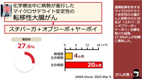 日本がん対策図鑑 【mss大腸がん：三次治療】スチバーガ＋オプジーボ＋ヤーボイ