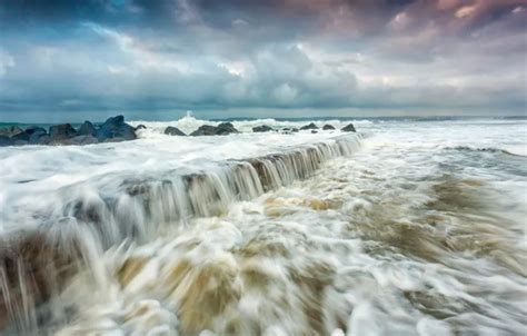 Wallpaper Sea Wave The Sky Squirt Clouds Storm Rocks Shore For