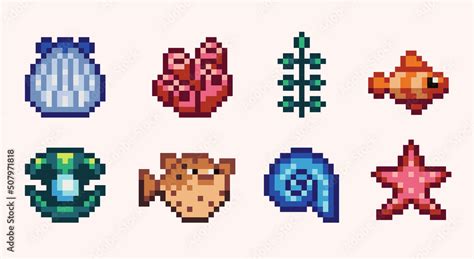 Underwater Seashore Creatures Pixel Art Set Seashells Starfish Clam