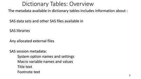 Dictionary Tables And Views Obtain Information About Sas Files Ppt